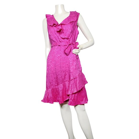 NWT DKNY Magenta Pink Faux Wrap Ruffle Midi Dress S M Sleeveless Tie Waist - Picture 2 of 10